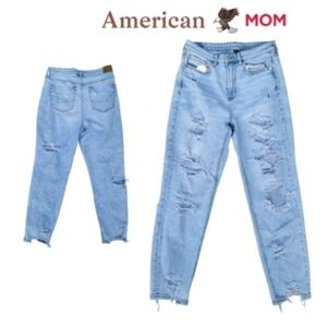 American Eagle MOM Denim Straight Leg Blue Jean Pant Distress Women 10 Regular